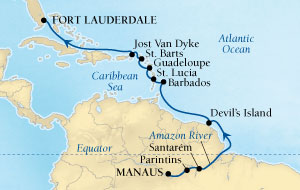 Cruises Around The World Seabourn Quest Cruise Map Detail Manaus, Brazil to Fort Lauderdale, Florida, US March 15-30 2028 - 15 Days - Voyage 6615