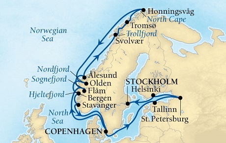 Cruises Around The World Seabourn Quest Cruise Map Detail Copenhagen, Denmark to Stockholm, Sweden May 28 June 18 2028 - 21 Days - Voyage 6629A