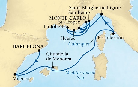 Cruises Around The World Seabourn Sojourn Cruise Map Detail Barcelona, Spain to Monte Carlo, Monaco August 22 September 1 2028 - 10 Days - Voyage 5648