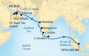 Cruises Around The World Seabourn Sojourn Cruise Map Detail Dubai, United Arab Emirates to Singapore December 5-22 2028 - 17 Days - Voyage 5670