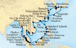 Cruises Around The World Seabourn Sojourn Cruise Map Detail Singapore to Singapore February 14 April 17 2028 - 63 Days - Voyage 5613C