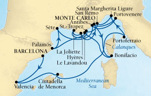 Cruises Around The World Seabourn Sojourn Cruise Map Detail Barcelona, Spain to Monte Carlo, Monaco June 27 July 14 2028 - 17 Days - Voyage 5639A