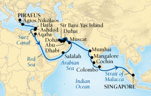 Cruises Around The World Seabourn Sojourn Cruise Map Detail Piraeus (Athens), Greece to Singapore November 17 December 22 2028 - 35 Days - Voyage 5667A