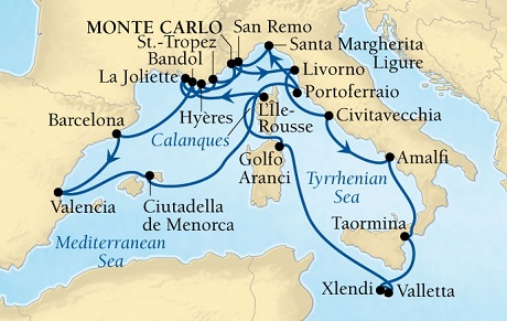 Cruises Around The World Seabourn Sojourn Cruise Map Detail Monte Carlo, Monaco to Monte Carlo, Monaco October 6-27 2028 - 21 Days - Voyage 5656A
