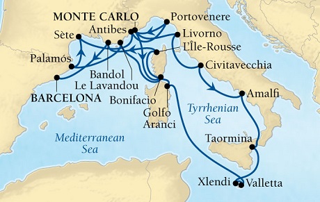 Cruises Around The World Seabourn Sojourn Cruise Map Detail Monte Carlo, Monaco to Barcelona, Spain September 1-19 2028 - 18 Days - Voyage 5649A