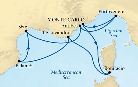 Cruises Around The World Seabourn Sojourn Cruise Map Detail Monte Carlo, Monaco to Monte Carlo, Monaco September 1-8 2028 - 7 Days - Voyage 5649
