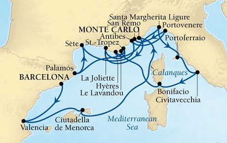 Cruises Around The World Seabourn Sojourn Cruise Map Detail Barcelona, Spain to Monte Carlo, Monaco September 19 October 6 2028 - 17 Days - Voyage 5654A