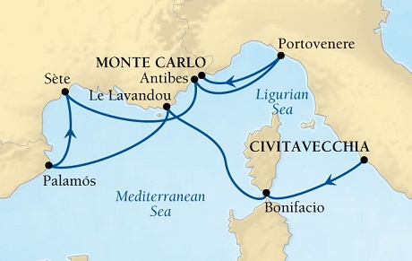 Cruises Around The World Seabourn Sojourn Cruise Map Detail Civitavecchia (Rome), Italy to Monte Carlo, Monaco September 29 October 6 2028 - 7 Days - Voyage 5655