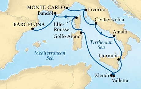 Cruises Around The World Seabourn Sojourn Cruise Map Detail Monte Carlo, Monaco to Barcelona, Spain September 8-19 2028 - 11 Days - Voyage 5653