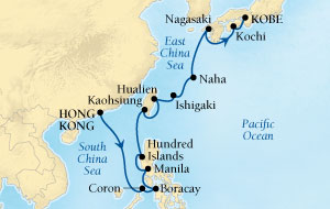 Cruises Around The World Seabourn Sojourn Cruise Map Detail Hong Kong, China to Kobe, Japan March 18 April 5 2026 - 18 Days - Voyage 5719