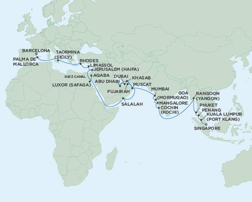 Cruises Around The World Seven Seas Voyager April 12 May 23 2028 Singapore to Barcelona, Spain