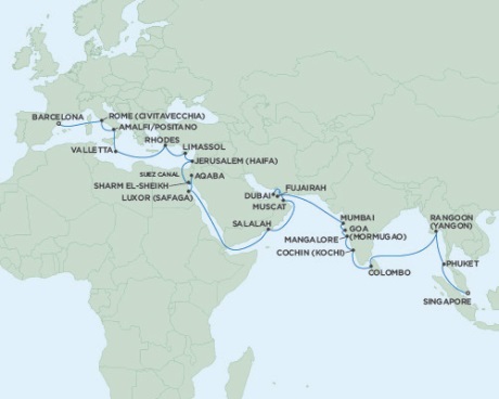 Cruises Around The World Seven Seas Voyager November 9 December 12 2028 Barcelona, Spain to Singapore
