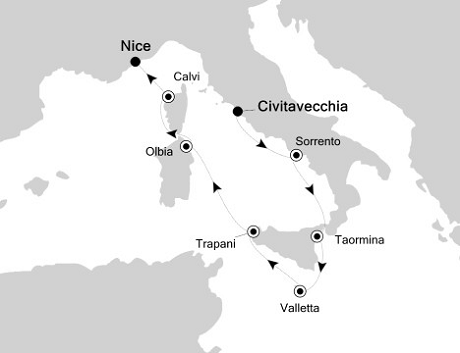 Cruises Around The World Silversea Silver Cloud April 8-15 2028 Civitavecchia (Rome) to Nice, France