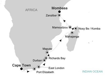 Cruises Around The World Silversea Silver Cloud January 5-19 2028 Cape Town, South Africa to Mombasa, Kenya