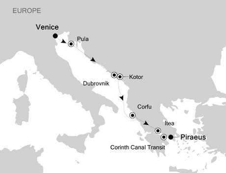 Cruises Around The World Silversea Silver Cloud May 6-13 2028 Venice to Piraeus, Athens