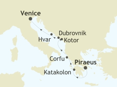 Cruises Around The World Silversea Silver Spirit August 5-12 2028 Piraeus, Athens to Venice