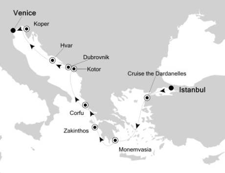 Cruises Around The World Silversea Silver Spirit July 1-11 2028 Istanbul, Turkey to Venice, Italy