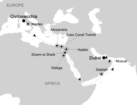 Cruises Around The World Silversea Silver Spirit November 15 December 3 2026 Civitavecchia, Italy to Dubai, United Arab Emirates