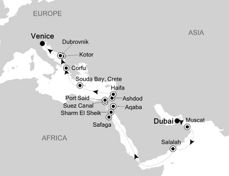 Cruises Around The World Silversea Silver Whisper April 8-30 2028 Dubai, UAE to Venice, Italy