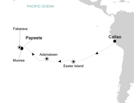 Cruises Around The World Silversea Silver Whisper January 16-30 2028 Callao, Peru to Papeete, Tahiti, French Polynesia