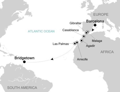 Cruises Around The World Silversea Silver Wind November 10-25 2026 Barcelona, Spain to Bridgetown, Barbados